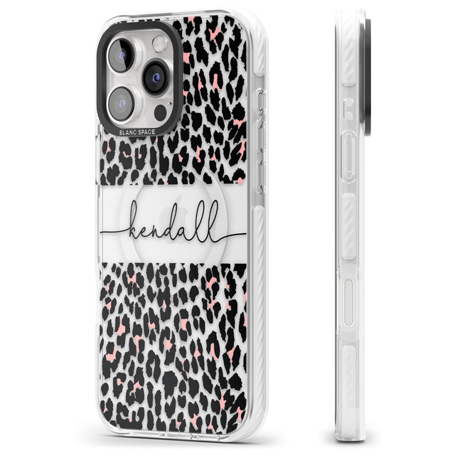 iPhone 16 Pro Max Personalised Pink & Cursive Leopard Spots Black Impact Phone Case