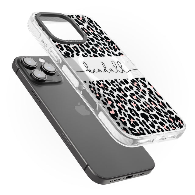 iPhone 16 Pro Max Personalised Pink & Cursive Leopard Spots Black Impact Phone Case