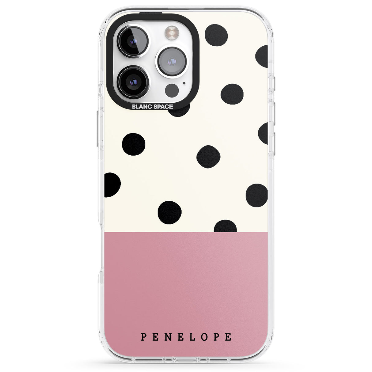 iPhone 16 Pro Max Personalised Pink Border Polka Dot Black Impact Phone Case