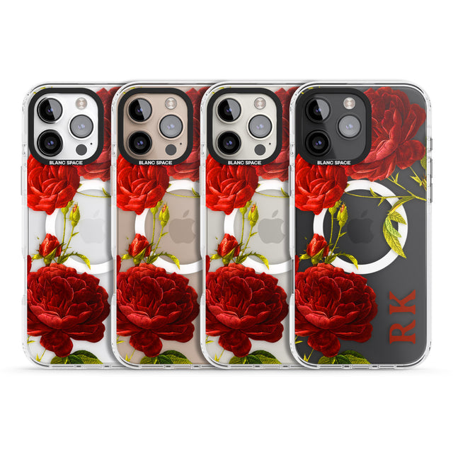 iPhone 16 Pro Max Personalised Clear Vintage Floral Red Roses Black Impact Phone Case