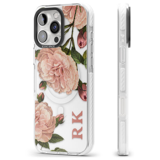 iPhone 16 Pro Max Personalised Clear Vintage Floral Pale Pink Peonies Black Impact Phone Case