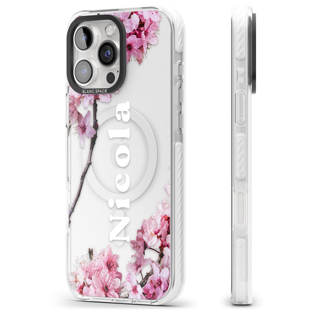 iPhone 16 Pro Max Personalised Cherry Blossoms with Text Black Impact Phone Case