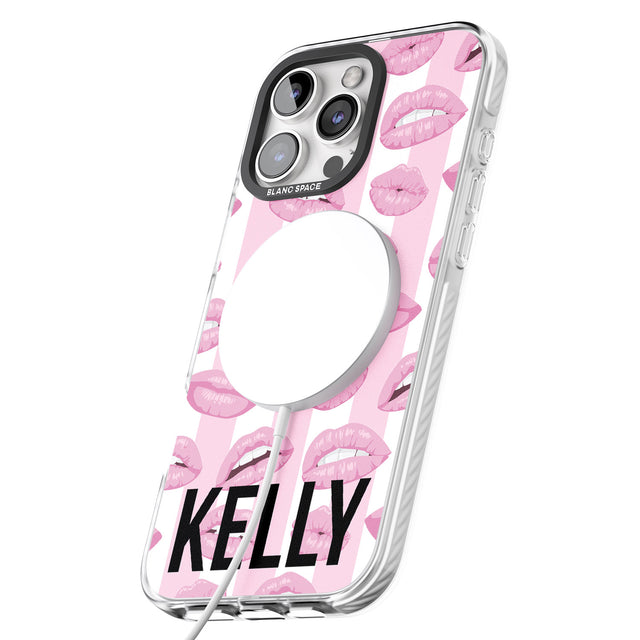 iPhone 16 Pro Max Personalised Pink Stripes & Lips Black Impact Phone Case