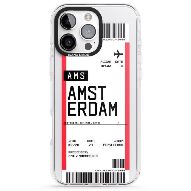 iPhone 16 Pro Max Personalised Amsterdam Boarding Pass Black Impact Phone Case