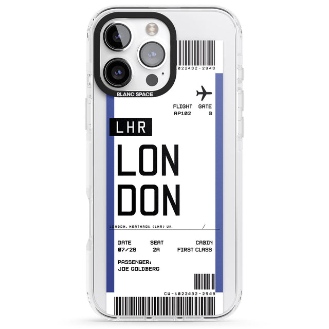 iPhone 16 Pro Max Personalised London Boarding Pass Black Impact Phone Case