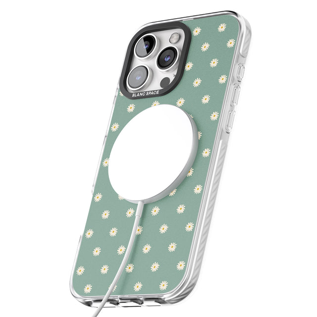 iPhone 16 Pro Max Daisy Pattern Teal Cute Floral Black Impact Phone Case