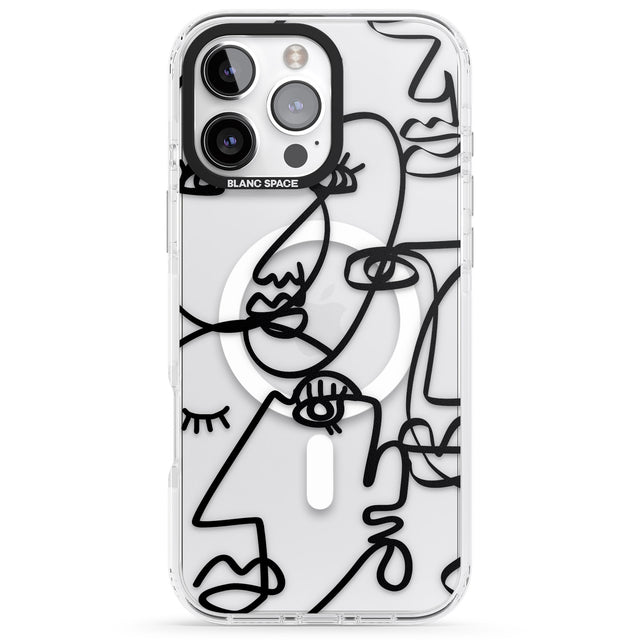 iPhone 16 Pro Max Abstract Continuous Line Faces Black on Clear Black Impact Phone Case