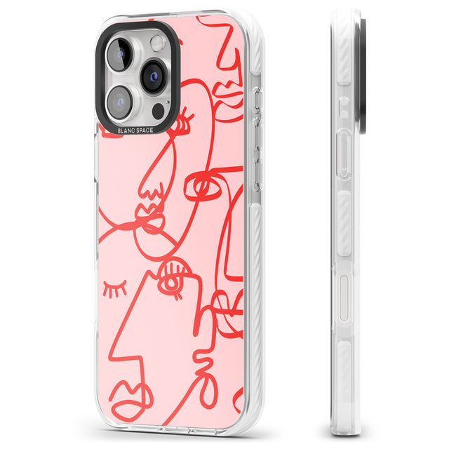 iPhone 16 Pro Max Abstract Continuous Line Faces Red on Pink Black Impact Phone Case