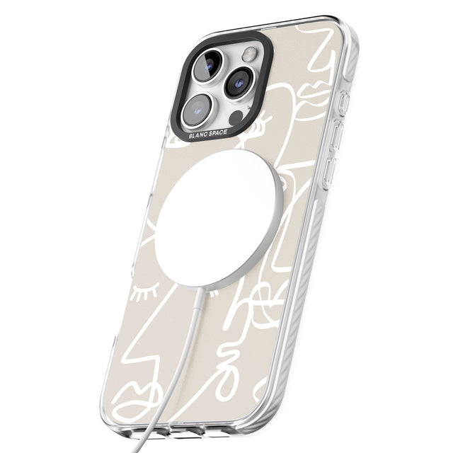 iPhone 16 Pro Max Abstract Continuous Line Faces White on Beige Black Impact Phone Case