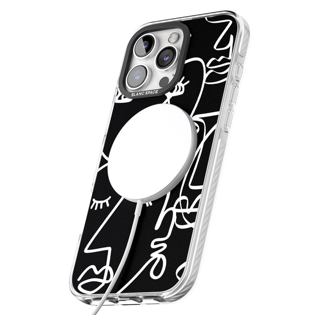 iPhone 16 Pro Max Abstract Continuous Line Faces White on Black Black Impact Phone Case