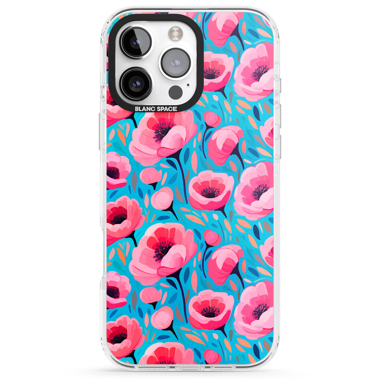 iPhone 16 Pro Max Tropical Pink Poppies Black Impact Phone Case