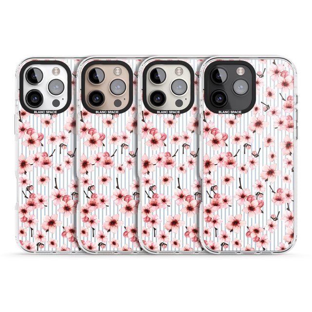 iPhone 16 Pro Max Cherry Blossoms on Blue Stripes Pattern Black Impact Phone Case