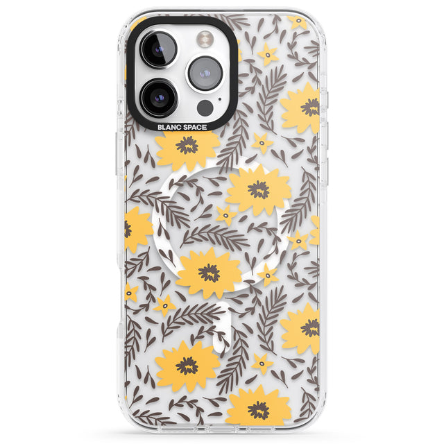 iPhone 16 Pro Max Yellow Blossoms Transparent Floral Black Impact Phone Case