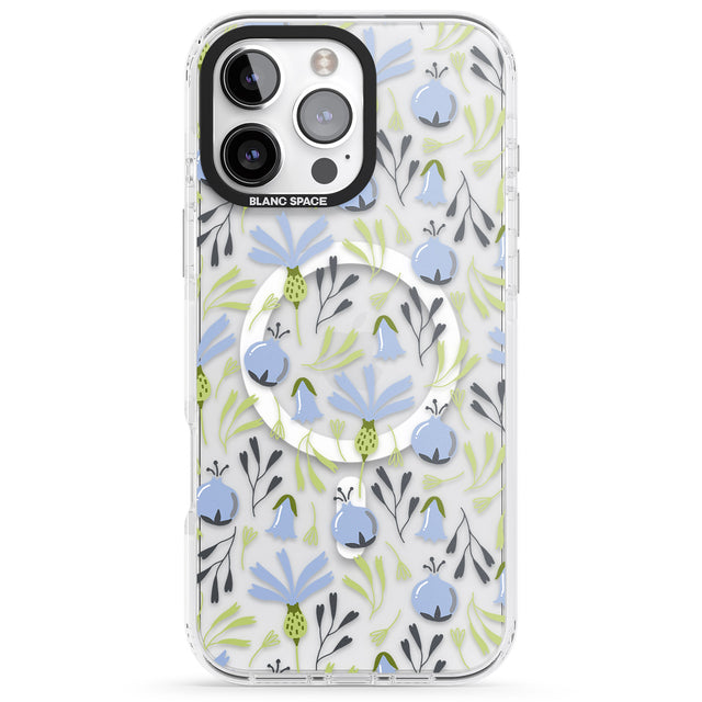 iPhone 16 Pro Max Blue Flora Transparent Floral Black Impact Phone Case