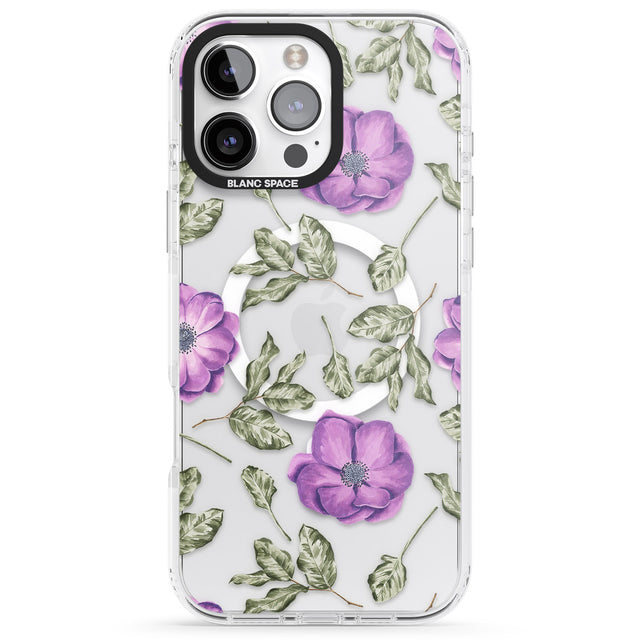 iPhone 16 Pro Max Purple Blossoms Transparent Floral Black Impact Phone Case