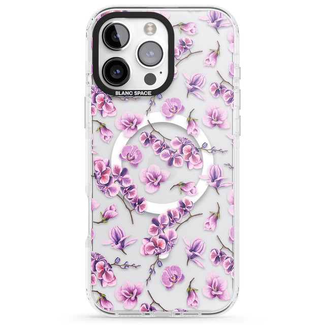 iPhone 16 Pro Max Purple Orchids Transparent Floral Black Impact Phone Case