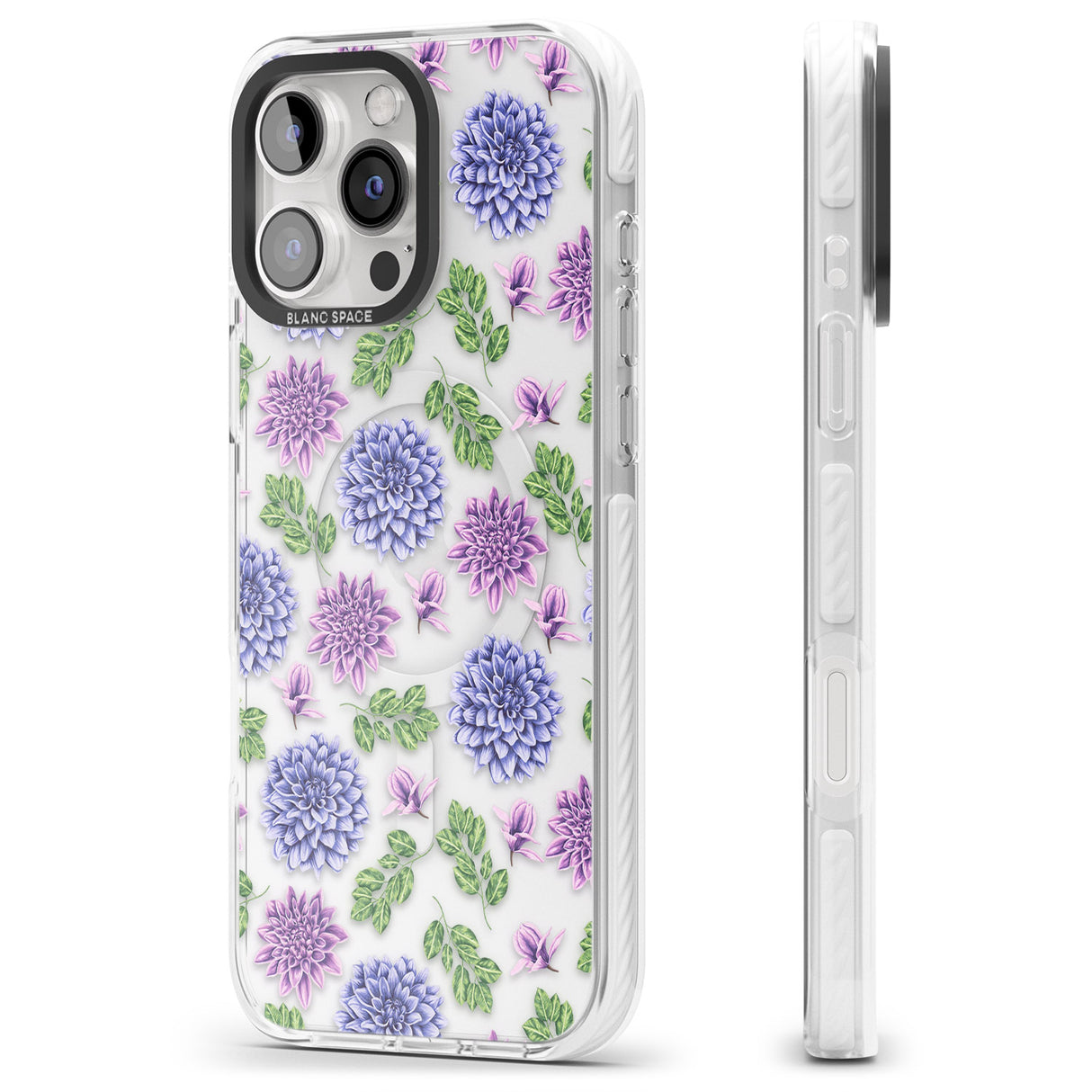 iPhone 16 Pro Max Purple Dahlias Transparent Floral Black Impact Phone Case