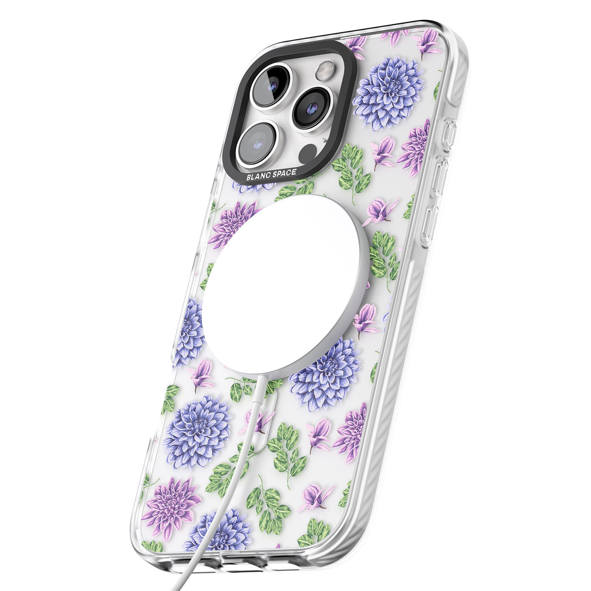 iPhone 16 Pro Max Purple Dahlias Transparent Floral Black Impact Phone Case