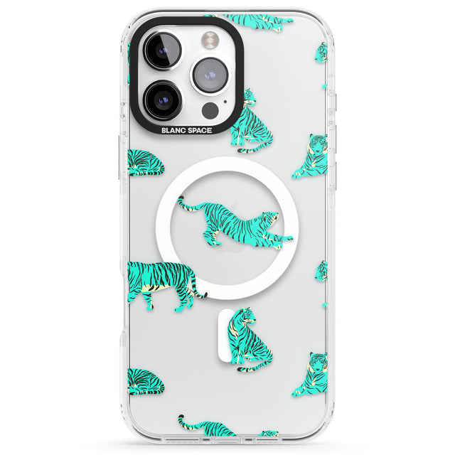 iPhone 16 Pro Max Turquoise Tiger Jungle Cat Pattern Black Impact Phone Case