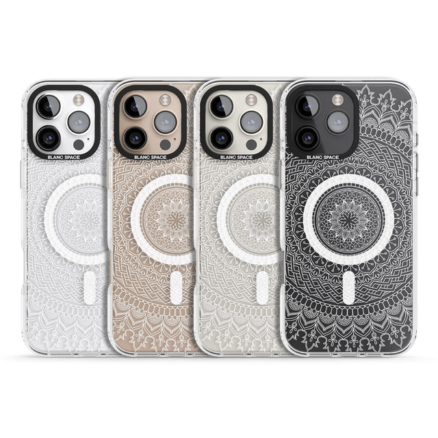 iPhone 16 Pro Max Large White Mandala Design Black Impact Phone Case