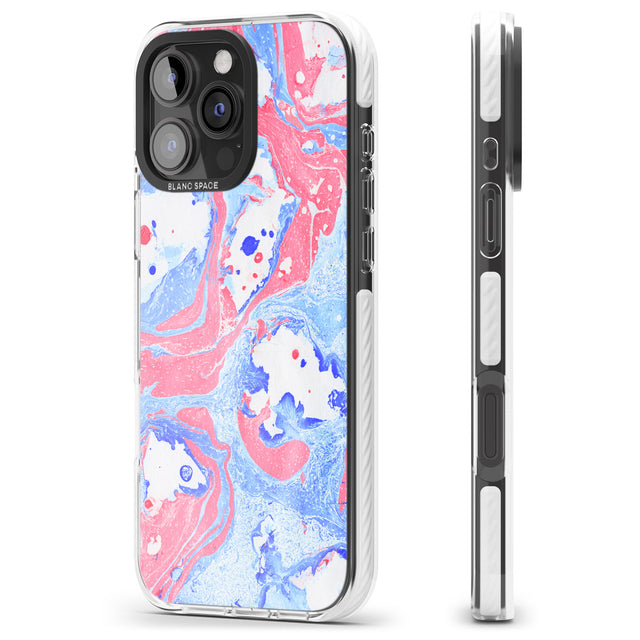 iPhone 16 Pro Max Pink, Blue & White Marbled Paper Pattern Black Impact Phone Case