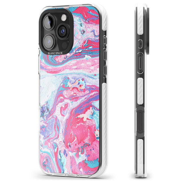 iPhone 16 Pro Max Pink, Blue & Purple Marbled Paper Pattern Black Impact Phone Case