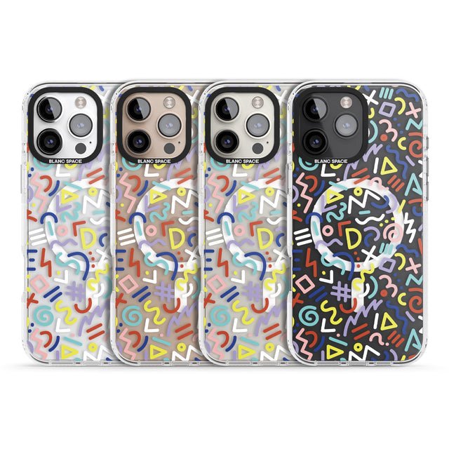 iPhone 16 Pro Max Colourful Mixed Shapes Retro Pattern Design Black Impact Phone Case