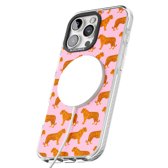 iPhone 16 Pro Max Tigers on Pink Pattern Black Impact Phone Case