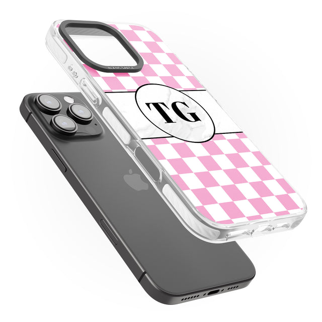 iPhone 16 Pro Max Personalised Monogrammed Pink Check Black Impact Phone Case