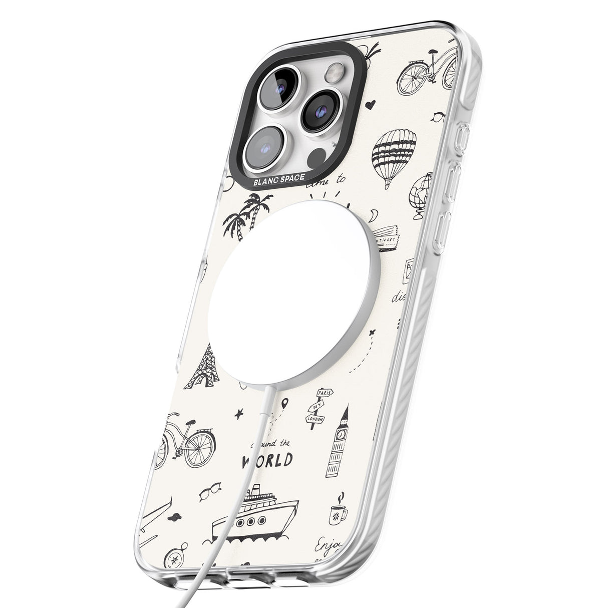 iPhone 16 Pro Max Cute Travel Pattern, White on Black Impact Phone Case