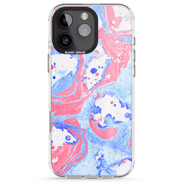 iPhone 16 Pro Max Pink, Blue & White Marbled Paper Pattern Black Impact Phone Case