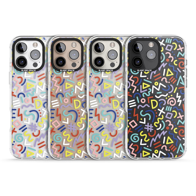 iPhone 16 Pro Max Colourful Mixed Shapes Retro Pattern Design Black Impact Phone Case