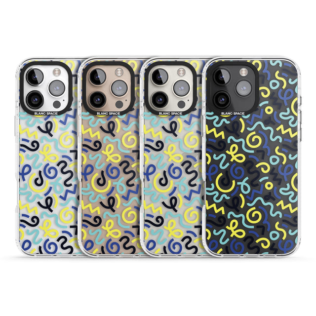 iPhone 16 Pro Max Blue & Yellow Shapes Memphis Retro Pattern Design Black Impact Phone Case