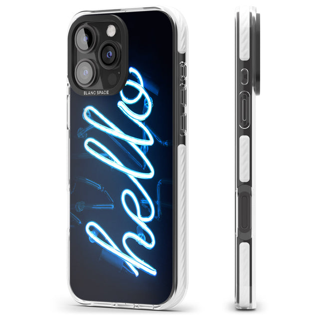 iPhone 16 Pro Max "Hello" Blue Cursive Neon Sign Black Impact Phone Case