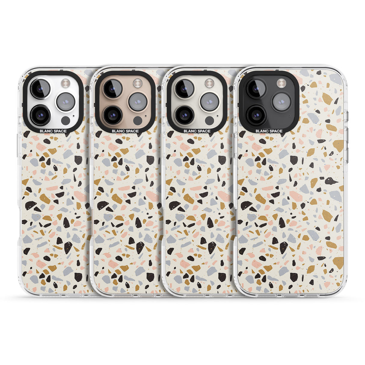 iPhone 16 Pro Max Pale Pink, Blue, & Mocha Terrazzo Pattern Black Impact Phone Case