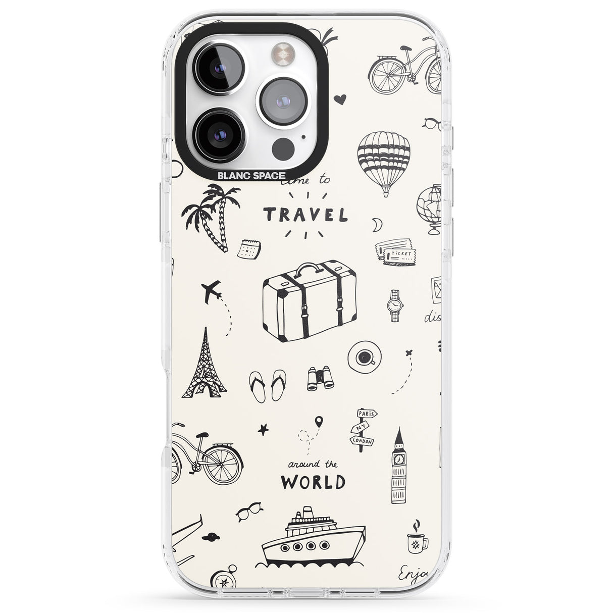 iPhone 16 Pro Max Cute Travel Pattern, White on Black Impact Phone Case