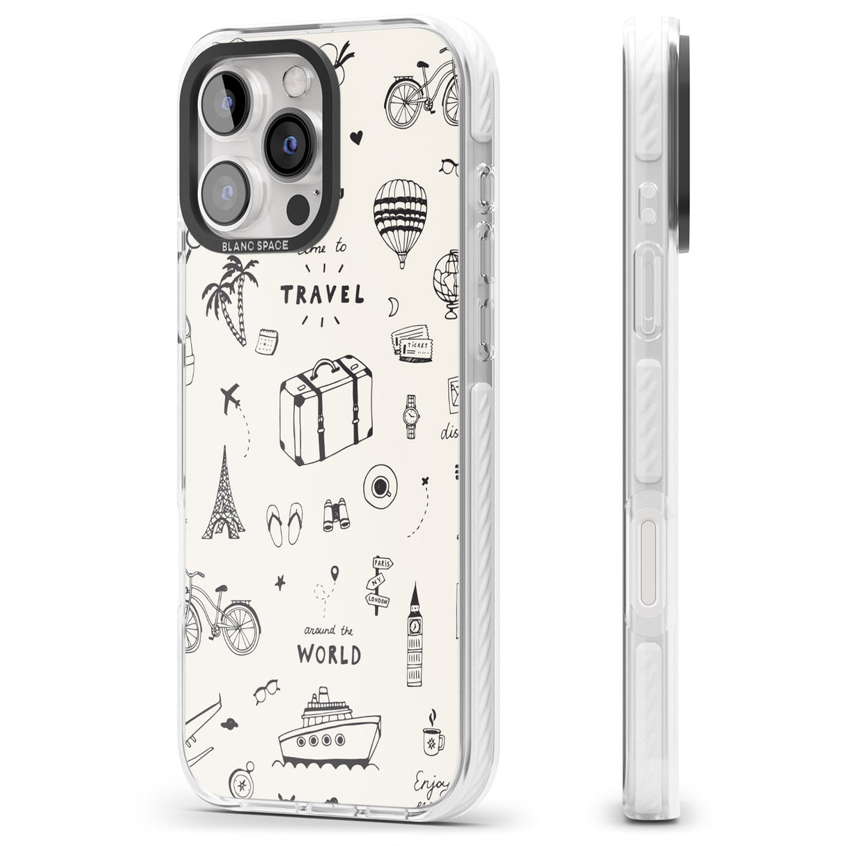 iPhone 16 Pro Max Cute Travel Pattern, White on Black Impact Phone Case