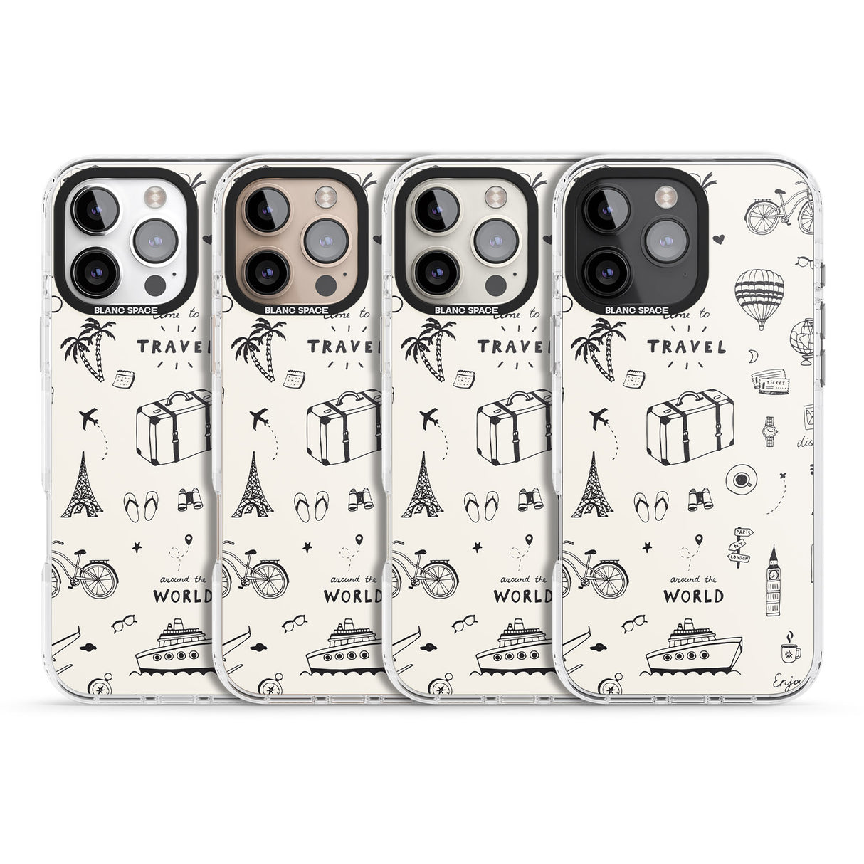 iPhone 16 Pro Max Cute Travel Pattern, White on Black Impact Phone Case