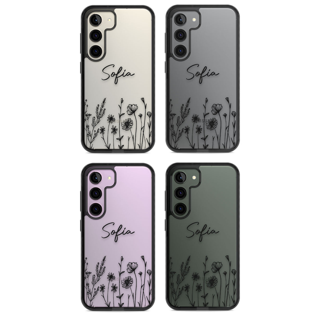 Personalised Black Wildflowers Impact Phone Case for Samsung Galaxy S24, Samsung Galaxy S23, Samsung Galaxy S22