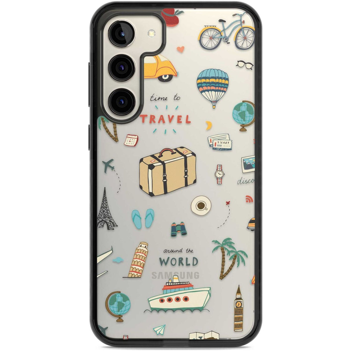 Cute Travel Pattern Transparent Phone Case Samsung S22 Plus / Black Impact Case,Samsung S23 Plus / Black Impact Case Blanc Space