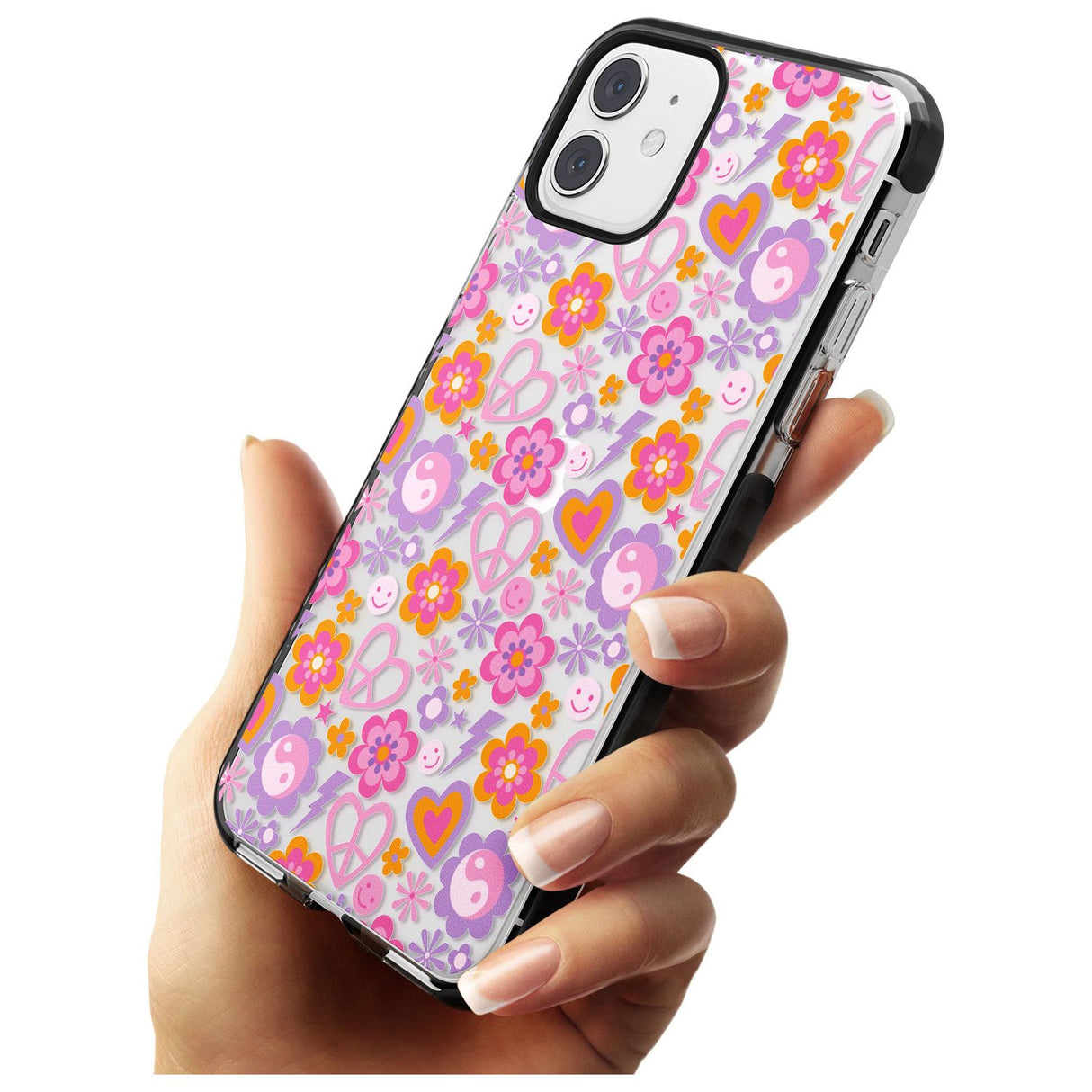 Peace, Love and Flowers Pattern Black Impact Phone Case for iPhone 11 Pro Max