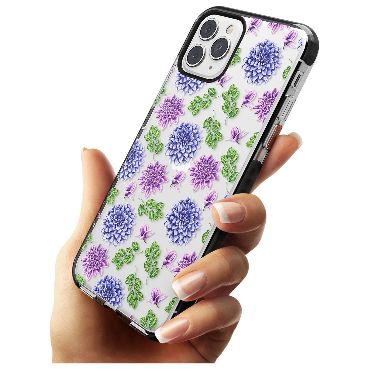 Purple Dahlias Transparent Floral Black Impact Phone Case for iPhone 11 Pro Max