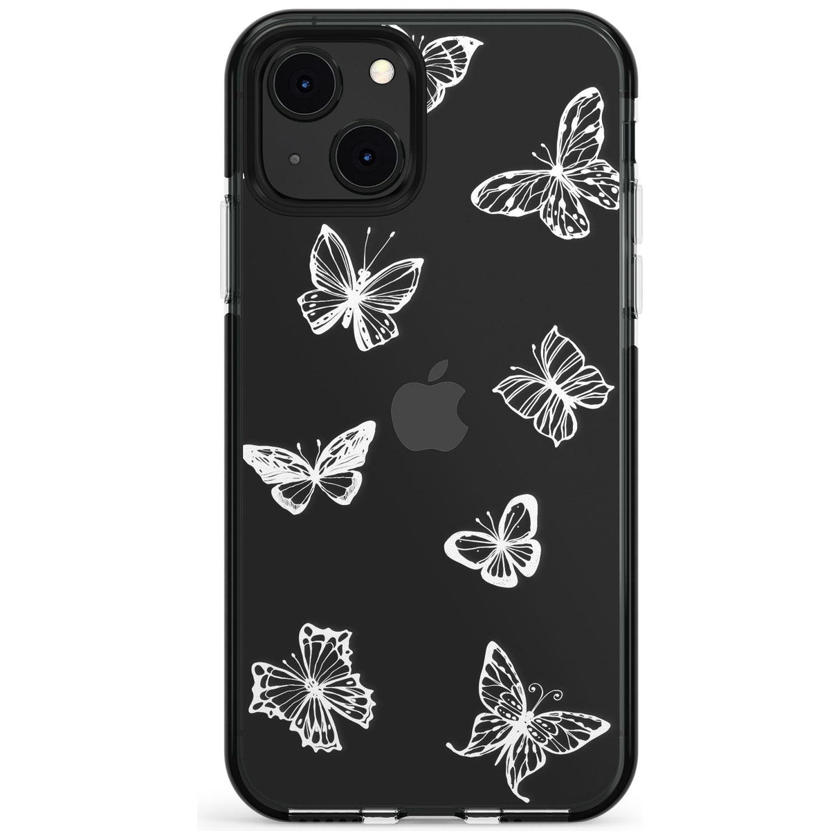 White Butterfly Line Pattern Black Impact Phone Case for iPhone 13 & 13 Mini