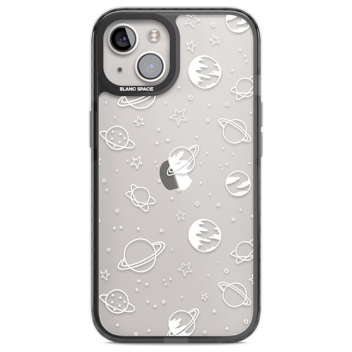 Cosmic Outer Space Design White on Clear Phone Case iPhone 12 / Black Impact Case,iPhone 13 / Black Impact Case,iPhone 12 Pro / Black Impact Case,iPhone 14 / Black Impact Case,iPhone 15 Plus / Black Impact Case,iPhone 15 / Black Impact Case Blanc Space