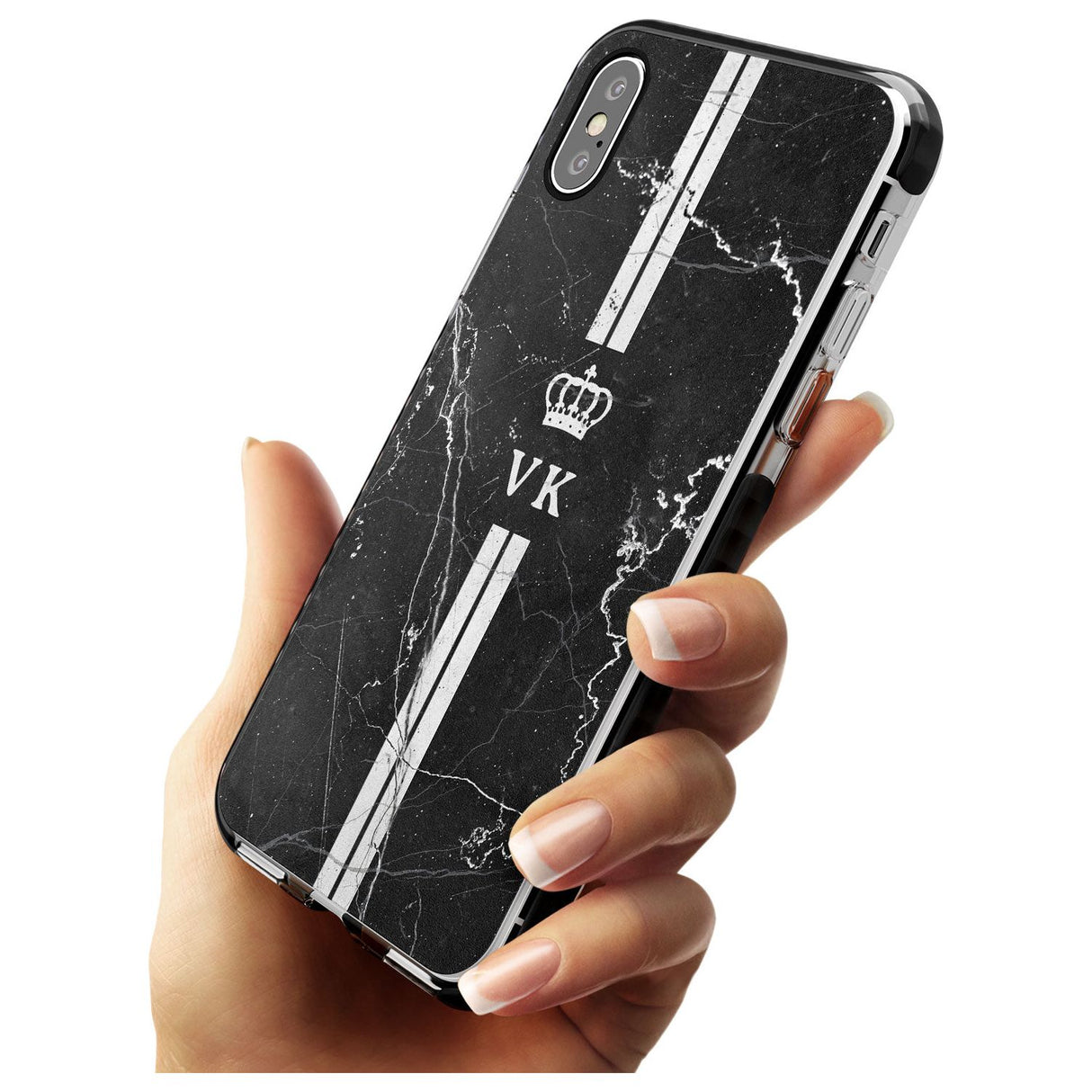 Stripes + Initials with Crown on Black Marble Black Impact Phone Case for iPhone X XS Max XR